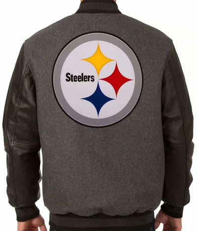 Pittsburgh Steelers Gray Wool & Black Genuine Leather Sleeves Men's Varsity Letterman Jacket
