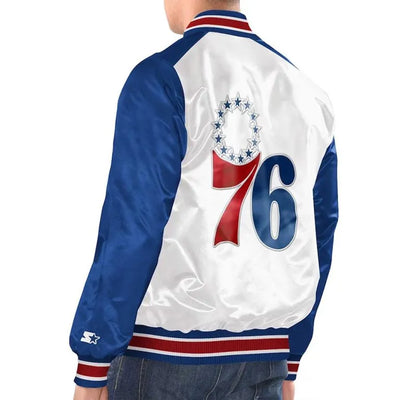 Philadelphia 76ers Renegade Full-Snap Varsity White/Royal Satin Men's Bomber Jacket