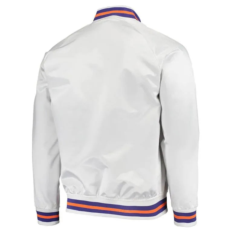 Phoenix Suns Throwback Full-Snap Varsity White Satin Men's Bomber Jacket