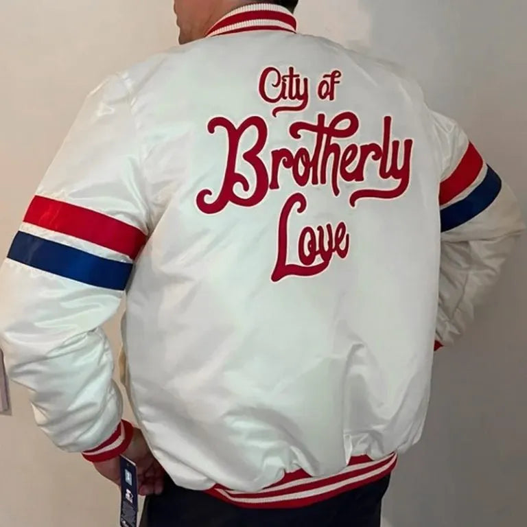 Philadelphia 76ers City of Brotherly Love Full-Snap Varsity White Satin Men's Bomber Jacket