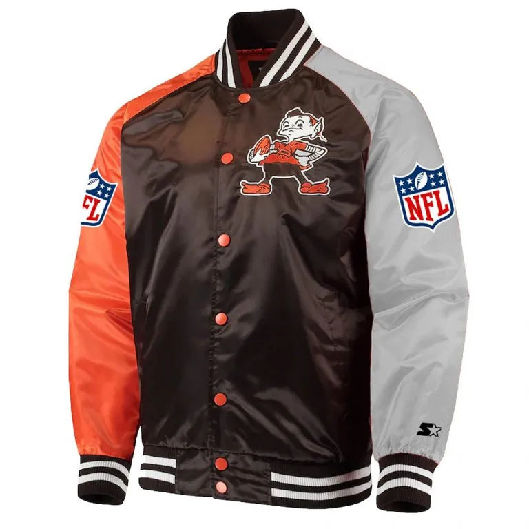 Cleveland Browns Lead Off Full-Snap Varsity Orange and Brown Satin Men's Bomber Jacket