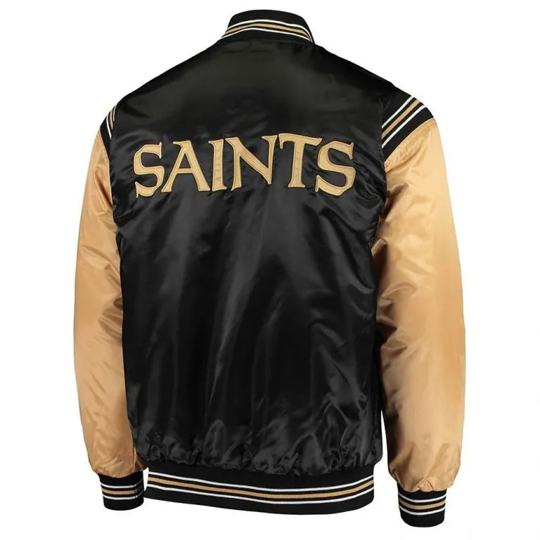New Orleans Saints Enforcer Full-Snap Varsity Black/Gold Satin Men's Bomber Jacket