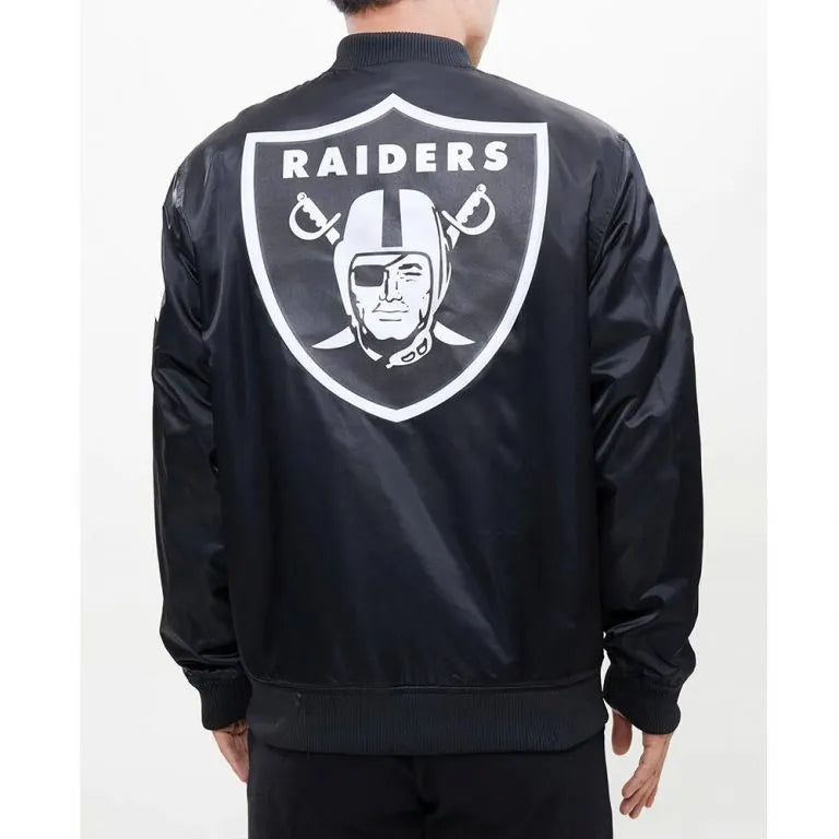 Los Angeles Raiders Big Logo Full-Snap Varsity Black Satin Men's Bomber Jacket