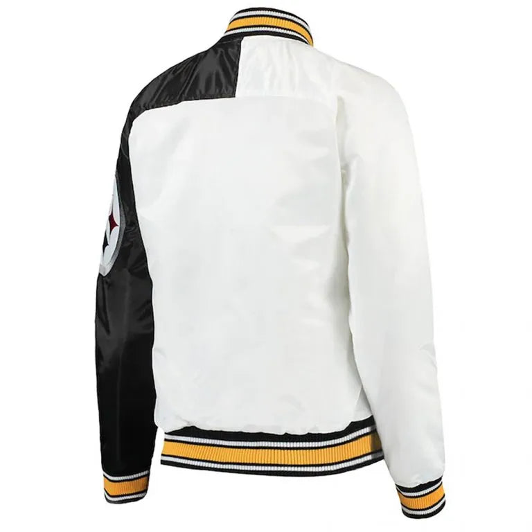 Pittsburgh Steelers Hometown Full-Snap Varsity Black and White Satin Men's Bomber Jacket