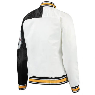 Pittsburgh Steelers Hometown Full-Snap Varsity Black and White Satin Men's Bomber Jacket