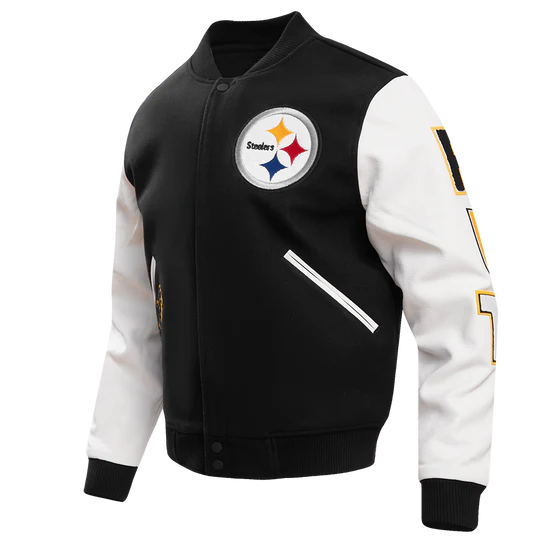 Pittsburgh Steelers Black Wool & White Genuine Leather Sleeves Men's Varsity Letterman Jacket