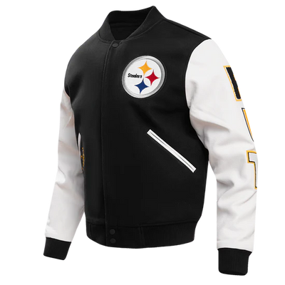 Pittsburgh Steelers Black Wool & White Genuine Leather Sleeves Men's Varsity Letterman Jacket