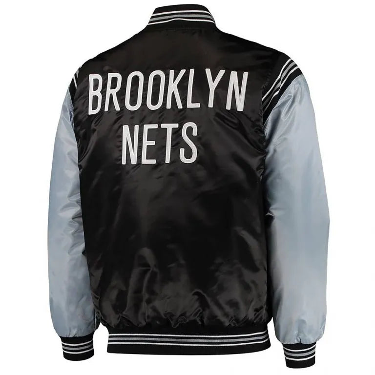 Brooklyn Nets The Enforcer Full-Snap Varsity Black/Gray Satin Men's Bomber Jacket