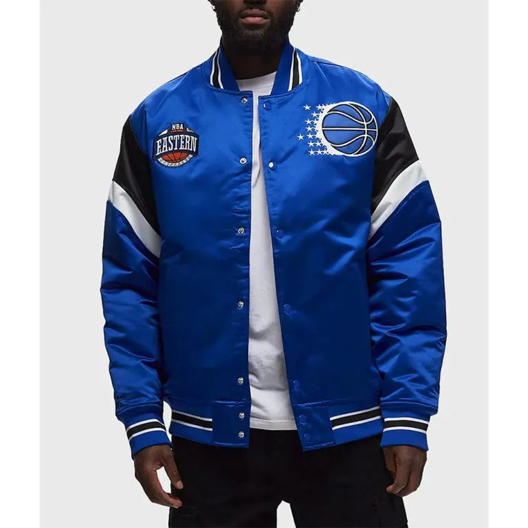 Orlando Magic Heavyweight Full-Snap Varsity Blue Satin Men's Bomber Jacket