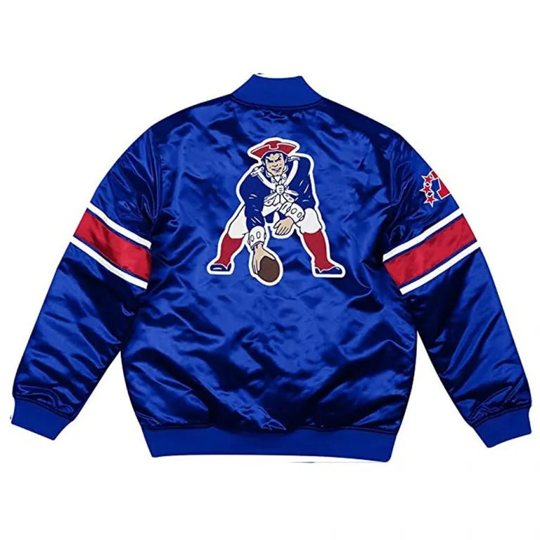 New England Patriots Classic Logo Full-Snap Varsity Royal Blue Satin Men's Bomber Jacket