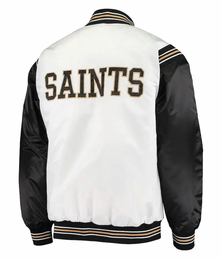 New Orleans Saints Historic Renegade Full-Snap Varsity Black and White Satin Men's Bomber Jacket