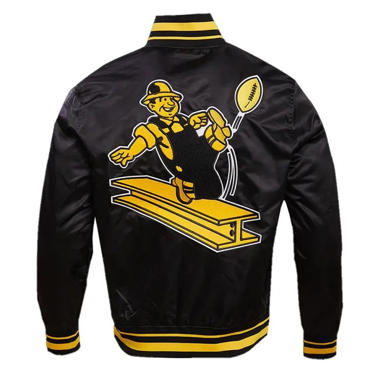 Pittsburgh Steelers Retro Classic Rib Full-Snap Varsity Black Satin Men's Bomber Jacket