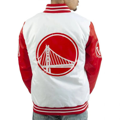Golden State Warriors Full-Snap Varsity White and Red Satin Men's Bomber Jacket