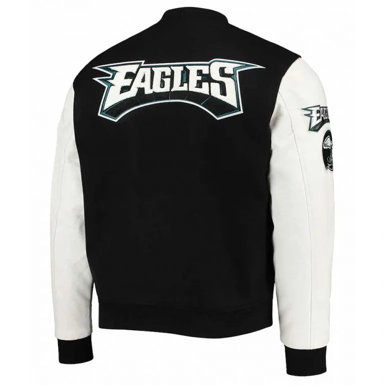 Philadelphia Eagles Black Wool & White Genuine Leather Sleeves Men's Varsity Letterman Jacket