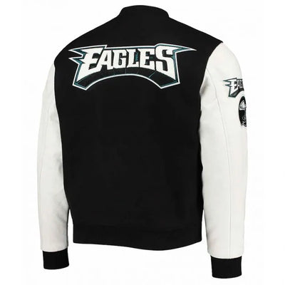 Philadelphia Eagles Black Wool & White Genuine Leather Sleeves Men's Varsity Letterman Jacket