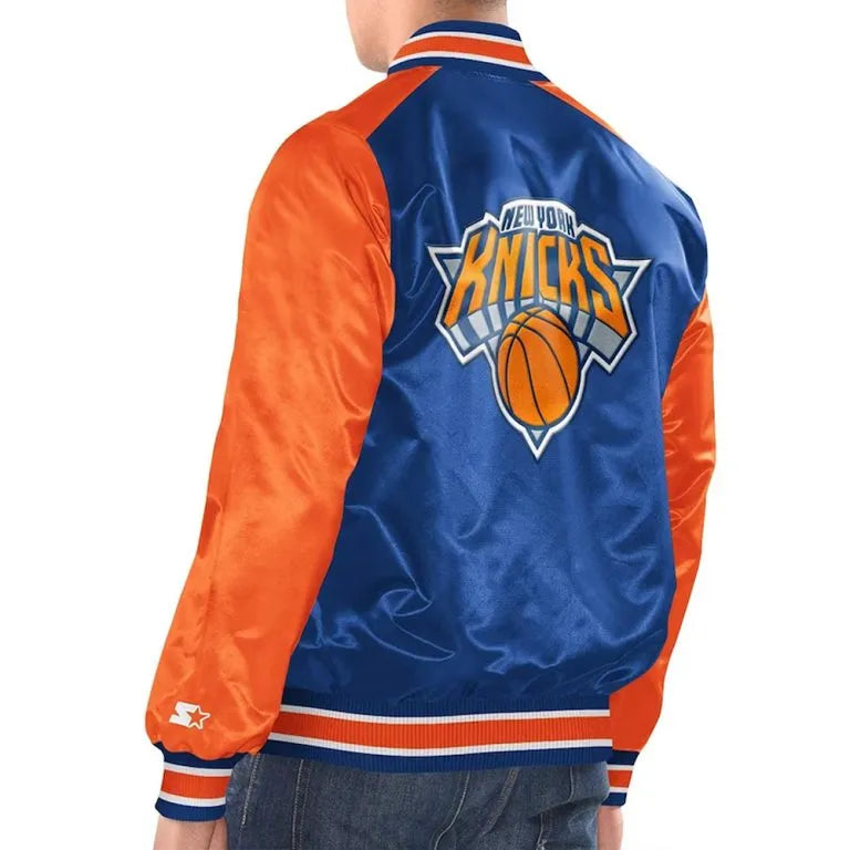 New York Knicks Renegade Full-Snap Varsity Blue/Orange Satin Men's Bomber Jacket