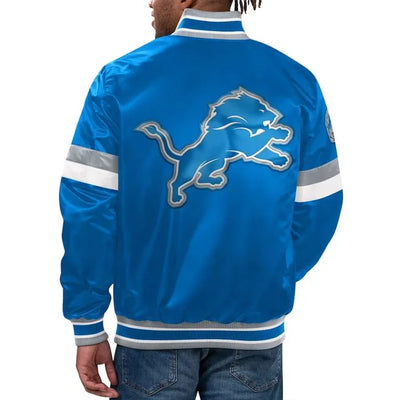 Detroit Lions Home Game Full-Snap Varsity Blue Satin Men's Bomber Jacket