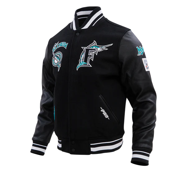 Florida Marlins Varsity Letterman Black Wool & Leather Men's Jacket