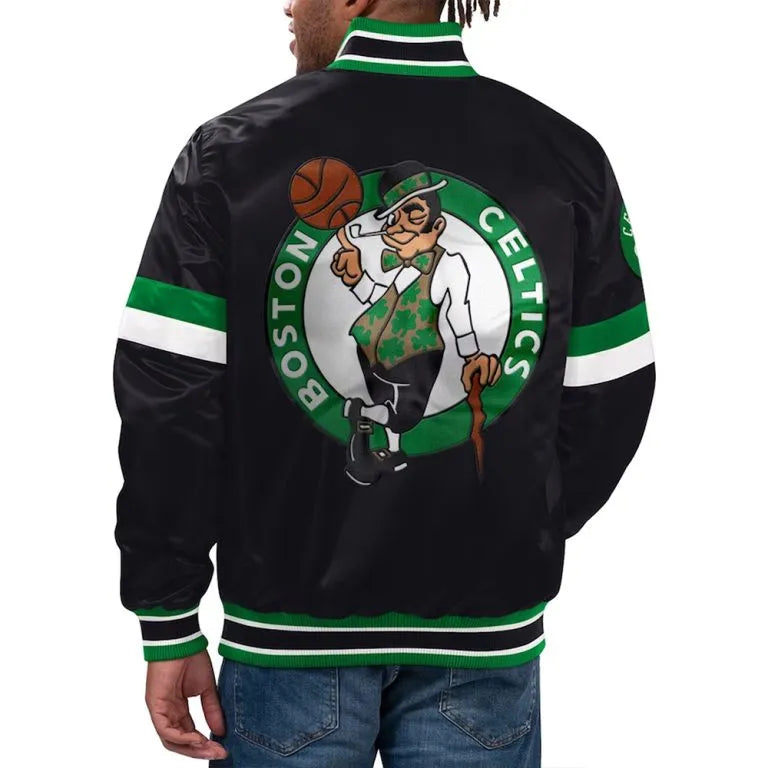Boston Celtics Home Game Full-Snap Varsity Black Satin Men's Bomber Jacket