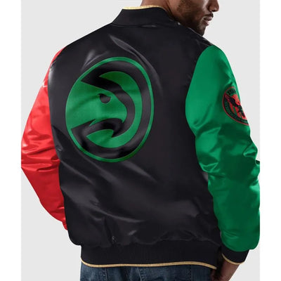 Atlanta Hawks History Ty Mopkins Month Full-Snap Varsity Tri Color Satin Men's Bomber Jacket
