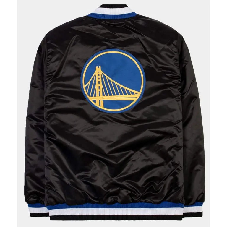 Golden State Warriors Exclusive Full-Snap Varsity Black Satin Men's Bomber Jacket