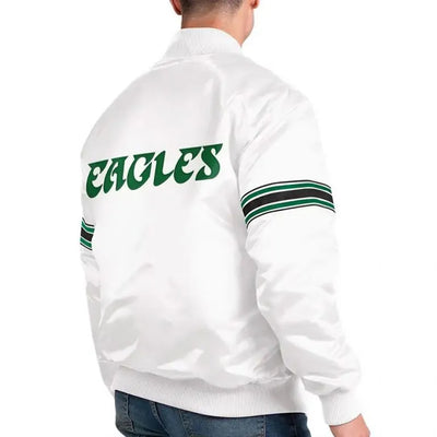 Philadelphia Eagles The Power Forward Full-Snap Varsity White Satin Men's Bomber Jacket