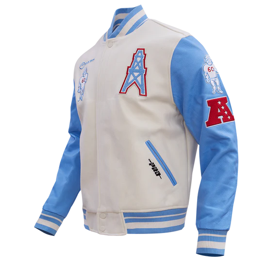 Houston Oilers Retro Classic Off-White Wool and Light Blue Genuine Leather Sleeves Men's Varsity Letterman Jacket