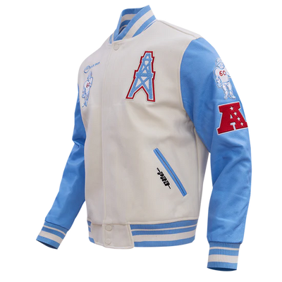 Houston Oilers Retro Classic Off-White Wool and Light Blue Genuine Leather Sleeves Men's Varsity Letterman Jacket