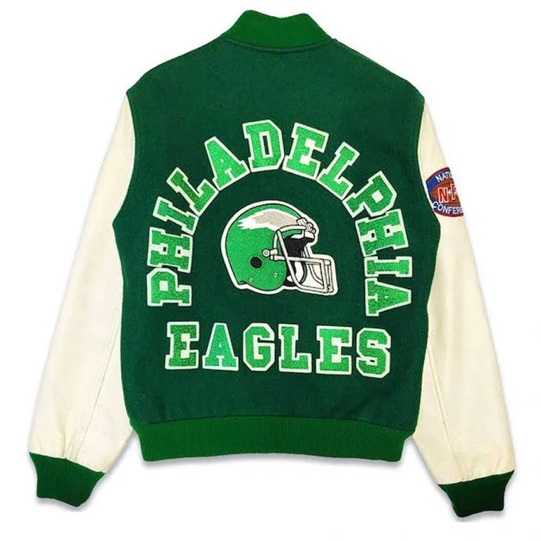 Philadelphia Eagles Green Wool & White Genuine Leather Sleeves Men's Varsity Letterman Jacket