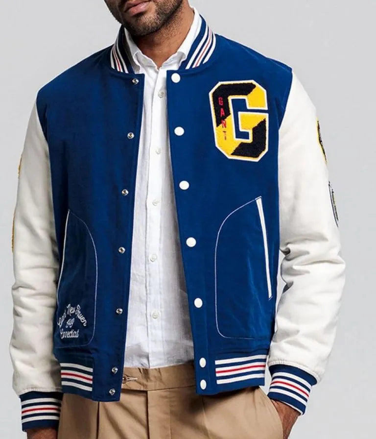 Gant The Gant Spring Blue Wool & White Genuine Leather Sleeves Men's Letterman Varsity Jacket