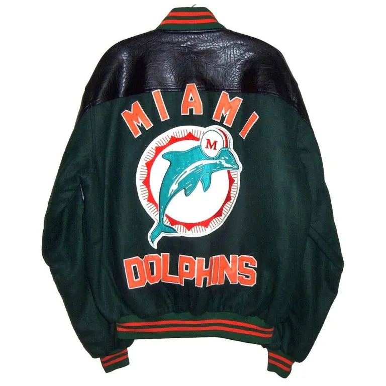 90’s Miami Dolphins Green Throwback Wool and Black Genuine Leather Sleeves Men's Varsity Letterman Jacket