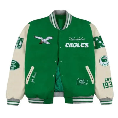 Philadelphia Eagles Go Birds Kelly Green Wool & Off White Genuine Leather Sleeves Men's Varsity Letterman Jacket