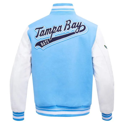 Tampa Bay Rays Script Tail Light Blue Wool and White Leather Sleeves Varsity Men's Jacket