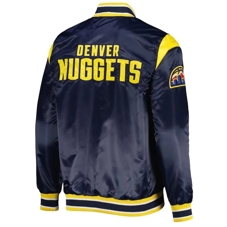 Denver Nuggets Force Play Full-Snap Varsity Navy Blue Satin Men's Bomber Jacket