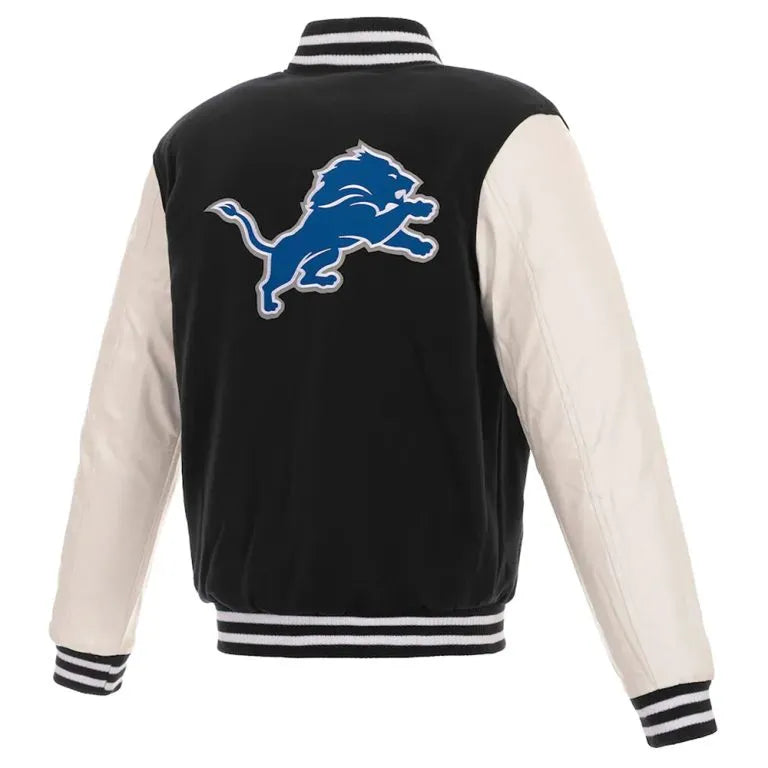 Detroit Lions Black Wool & White Genuine Leather Sleeves Men's Varsity Jacket