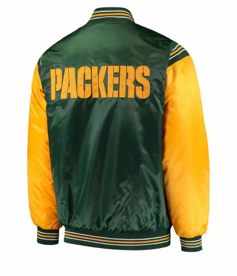 Green Bay Packers Full-Snap Varsity Yellow and Green Satin Men's Bomber Jacket