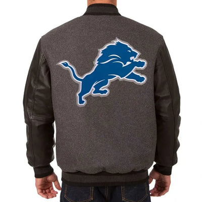 Detroit Lions Charcoal Wool & Black Genuine Leather Sleeves Men's Varsity Jacket