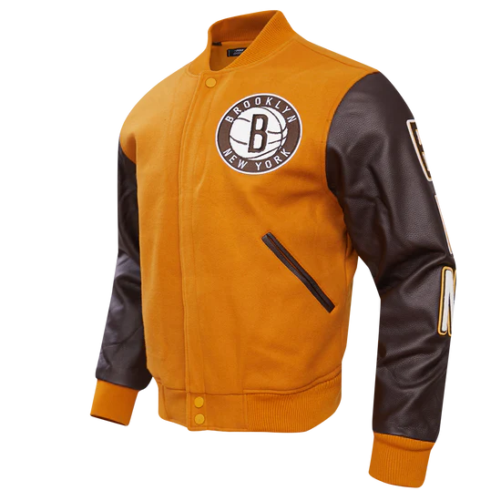 Brooklyn Nets NBA Orange Wool & Brown Genuine Leather Sleeves Men's Varsity Letterman Jacket