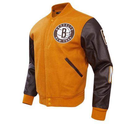 Brooklyn Nets NBA Orange Wool & Brown Genuine Leather Sleeves Men's Varsity Letterman Jacket