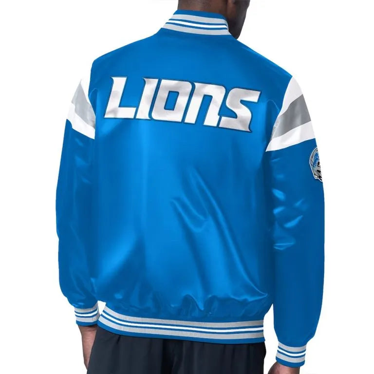 Detroit Lions Midweight Full-Snap Varsity Blue Satin Men's Bomber Jacket