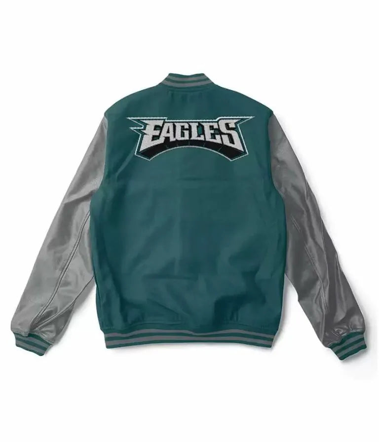 Philadelphia Eagles Green Wool & Grey Genuine Leather Sleeves Men's Varsity Letterman Jacket