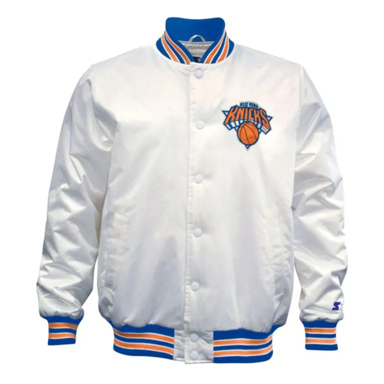 New York Knick Full-Snap Varsity White Satin Men's Bomber Jacket