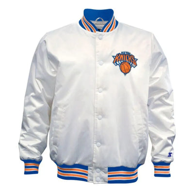 New York Knick Full-Snap Varsity White Satin Men's Bomber Jacket