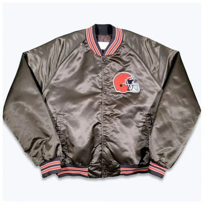 80s Cleveland Browns Full-Snap Varsity Brown Satin Men's Bomber Jacket