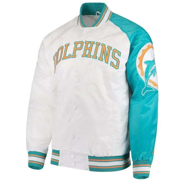 Miami Dolphins Retro Start of Season Full-Snap Varsity Aqua & White Satin Men's Bomber Jacket