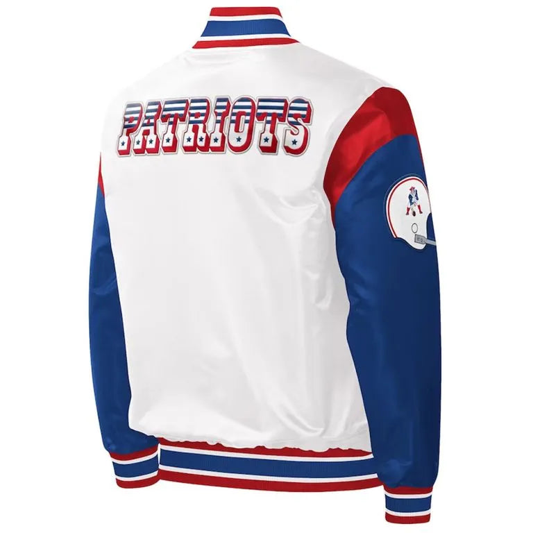 New England Patriots Throwback Warm Up Pitch Full-Snap Varsity White & Blue Satin Men's Bomber Jacket