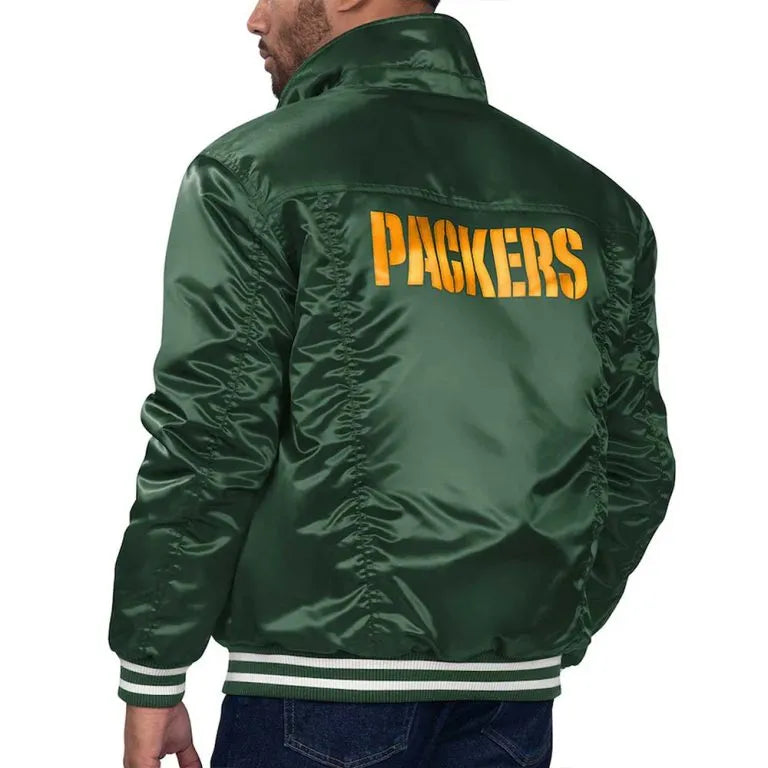 Green Bay Packers Silver Tab Trucker Full-Snap Varsity Green Satin Men's Bomber Jacket