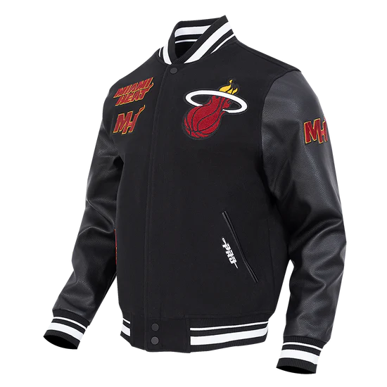 Miami Heat Mashup Logo Varsity Black Wool & Genuine Leather Sleeves Men's Jacket
