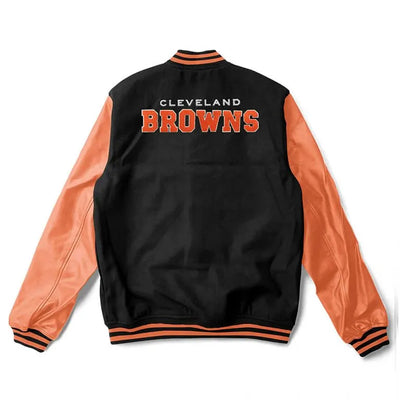 Cleveland Browns Black Wool & Orange Genuine Leather Sleeves Full-Snap Men's Varsity Jacket