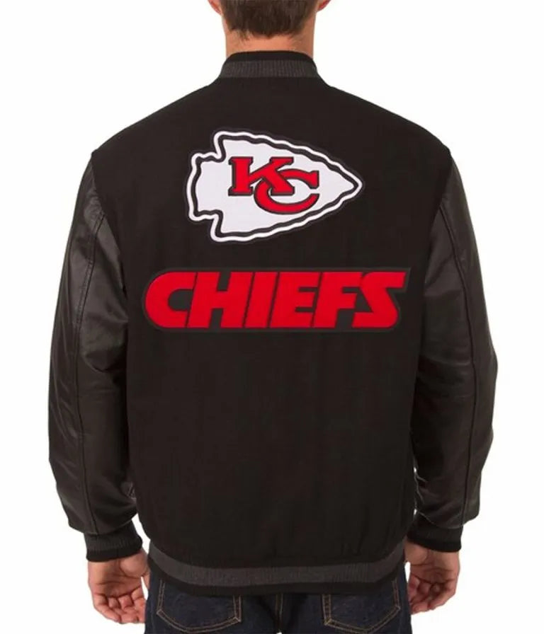 Kansas City Chiefs Black Wool and Genuine Leather Sleeves Men's Varsity Letterman Jacket